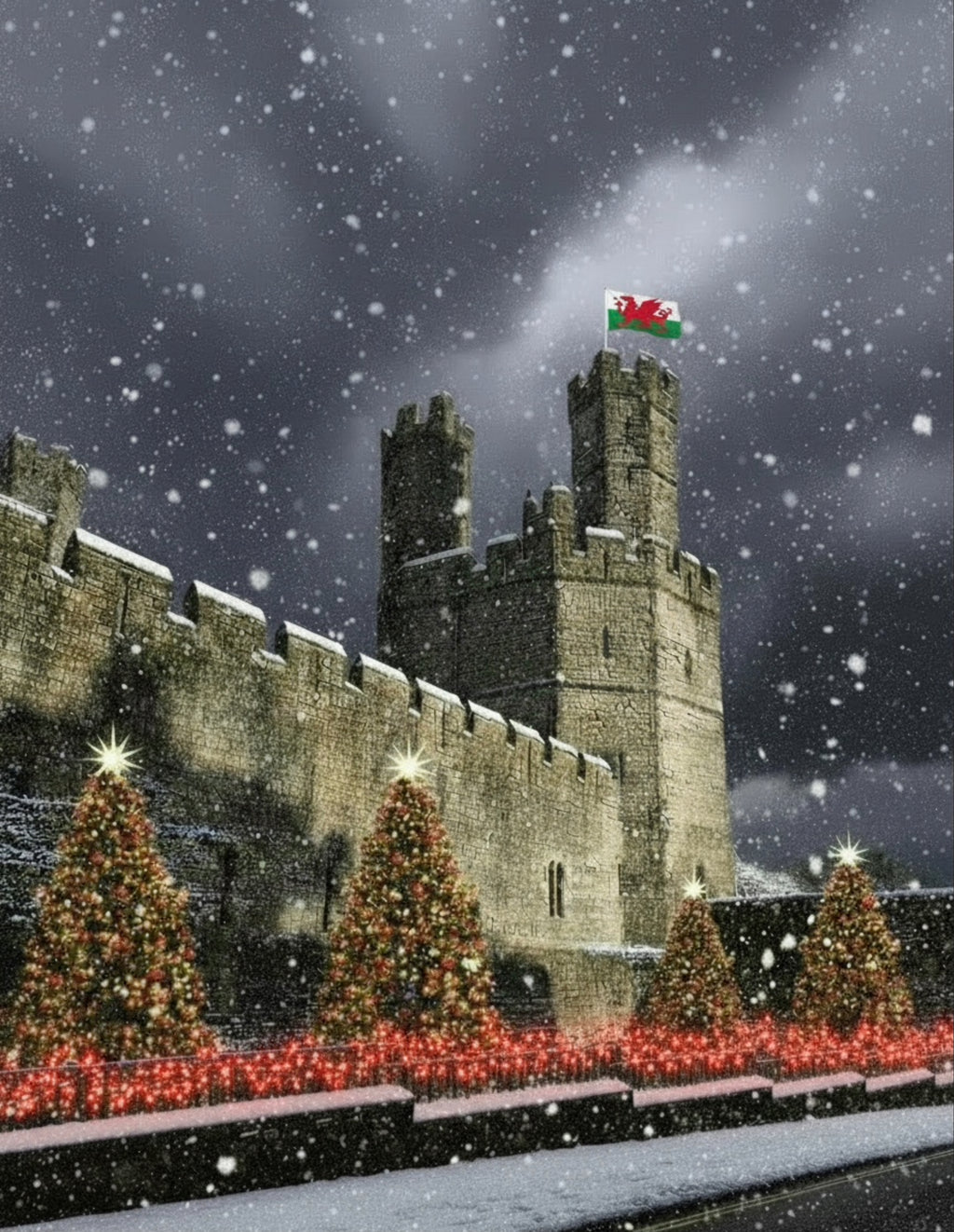 Caernarfon Castle Christmas scene greetings card