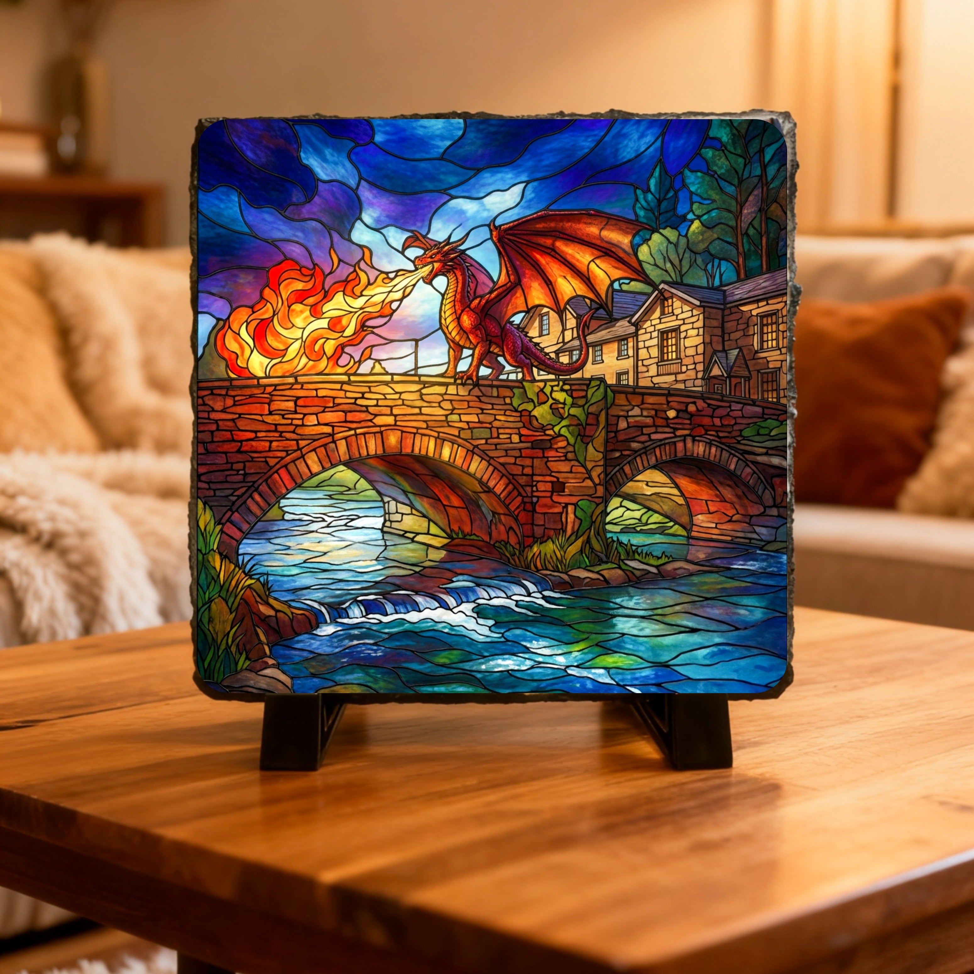 Draig/Dragon Slate images, 15cm x 15cm with stands.
