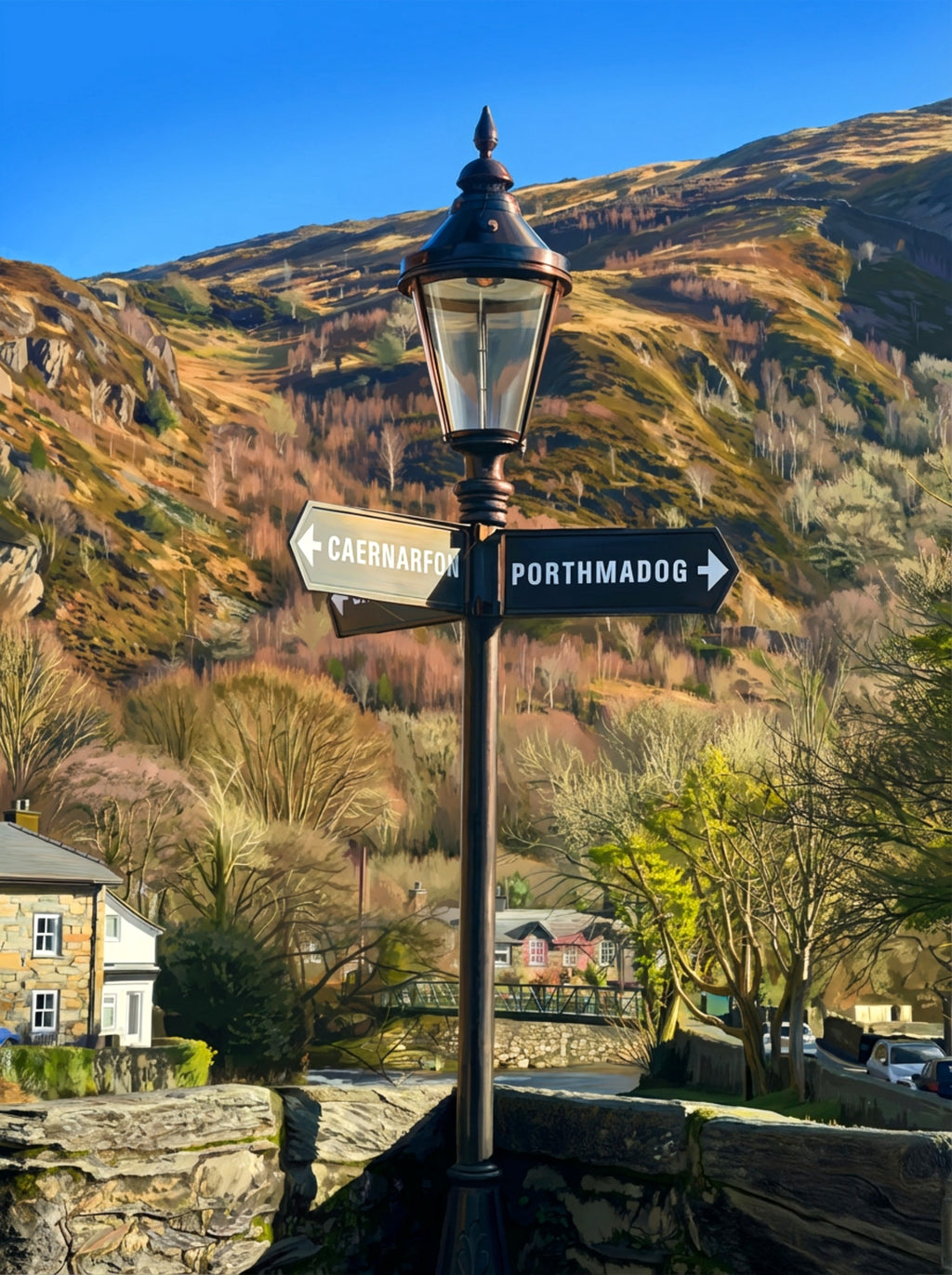 Beddgelert bridge sign post. Greetings card