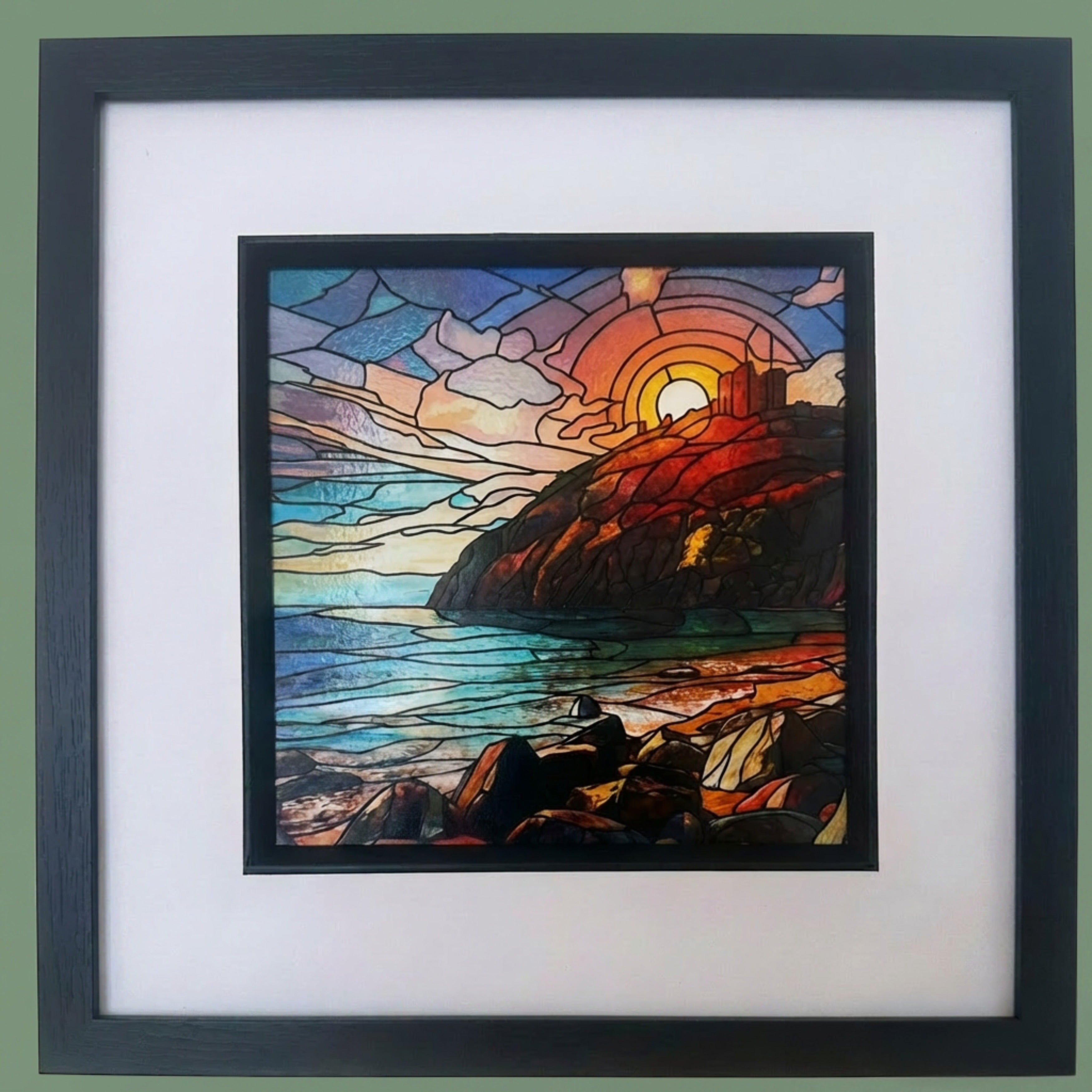 Colourful “stained glass” effect image of Criccieth Castle in frame. Image size 8” x 8” frame size 12” x 12”
