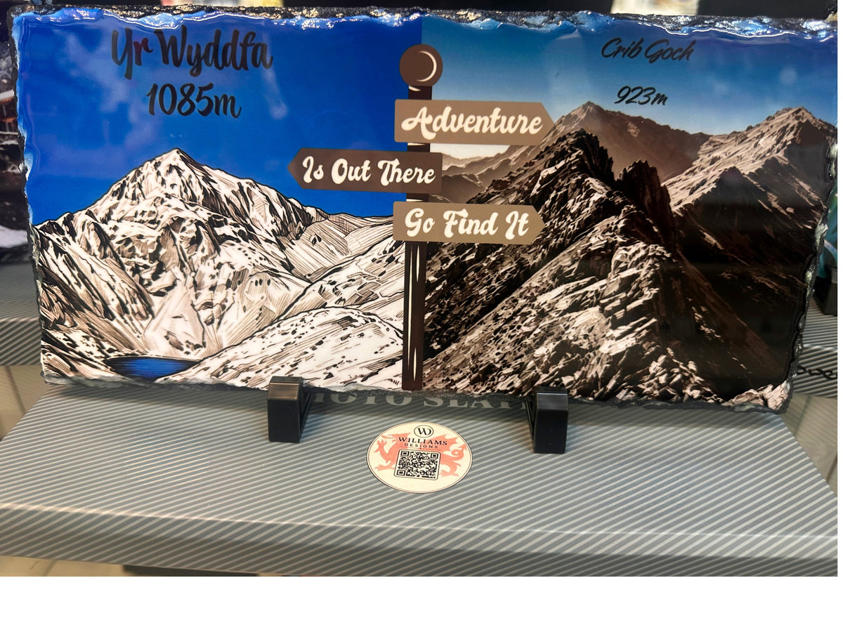 Mountain adventure slate 30cm x 15cm with box and stands