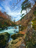 Wooden bridge over a rushing river with rocky terrain and trees on a sunny day.