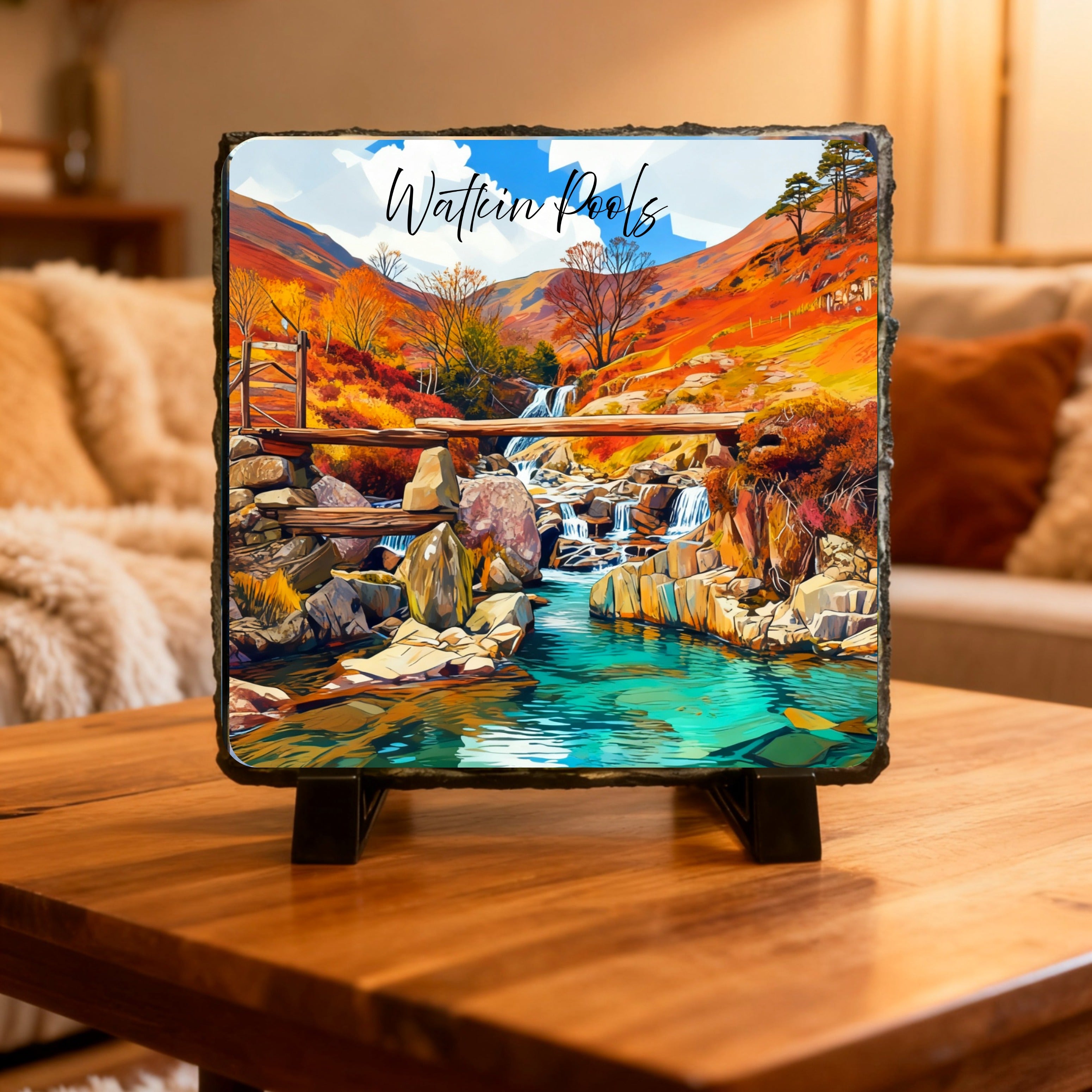 image on slate, comes with stands and boxed. 14cm x 14cm Beddgelert and Watkin Pool.