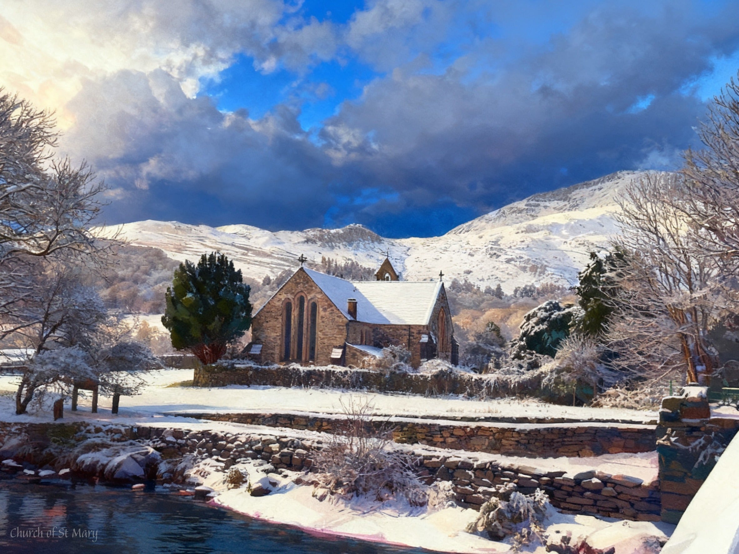 Church of St Mary, Beddgelert in the snow. Greetings card