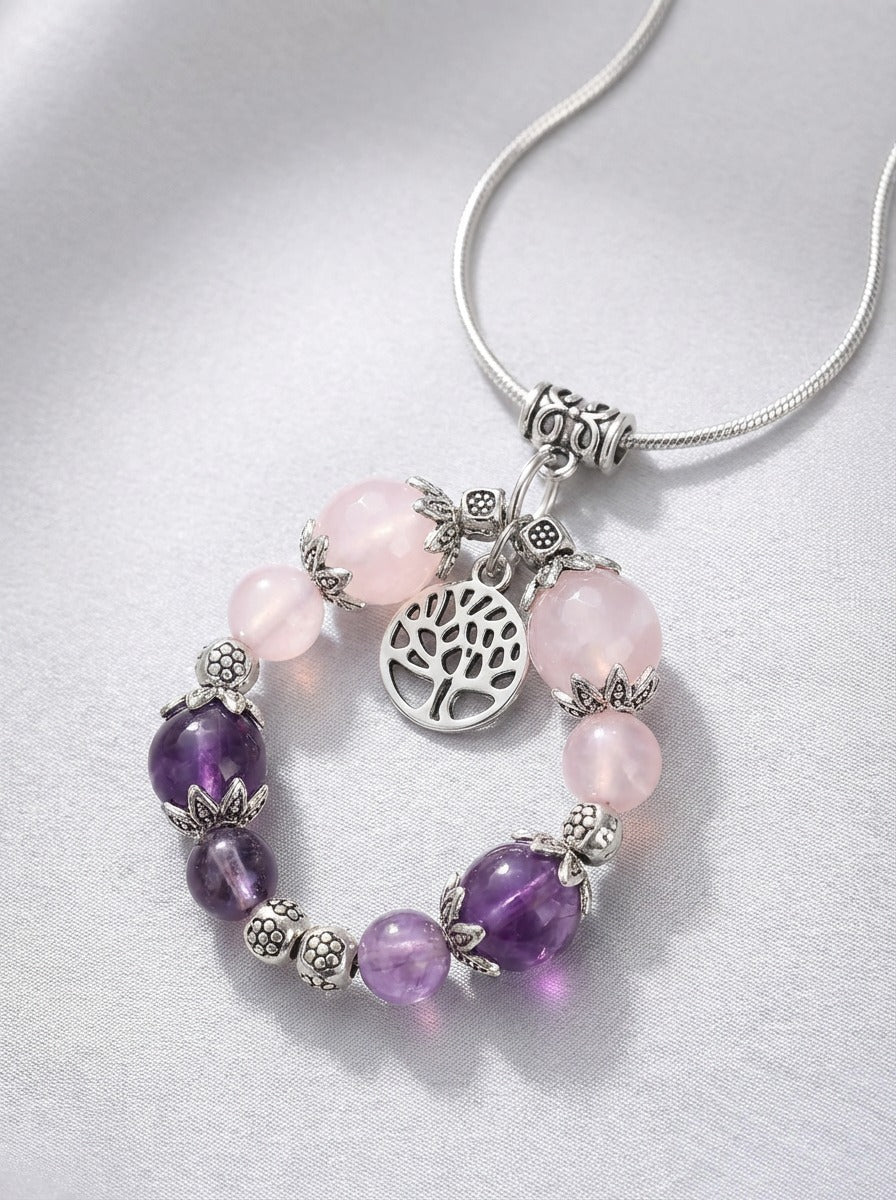 Amethyst and Rose Quartz handmade pendant with Tree of life charm. 18” chain. Free shipping