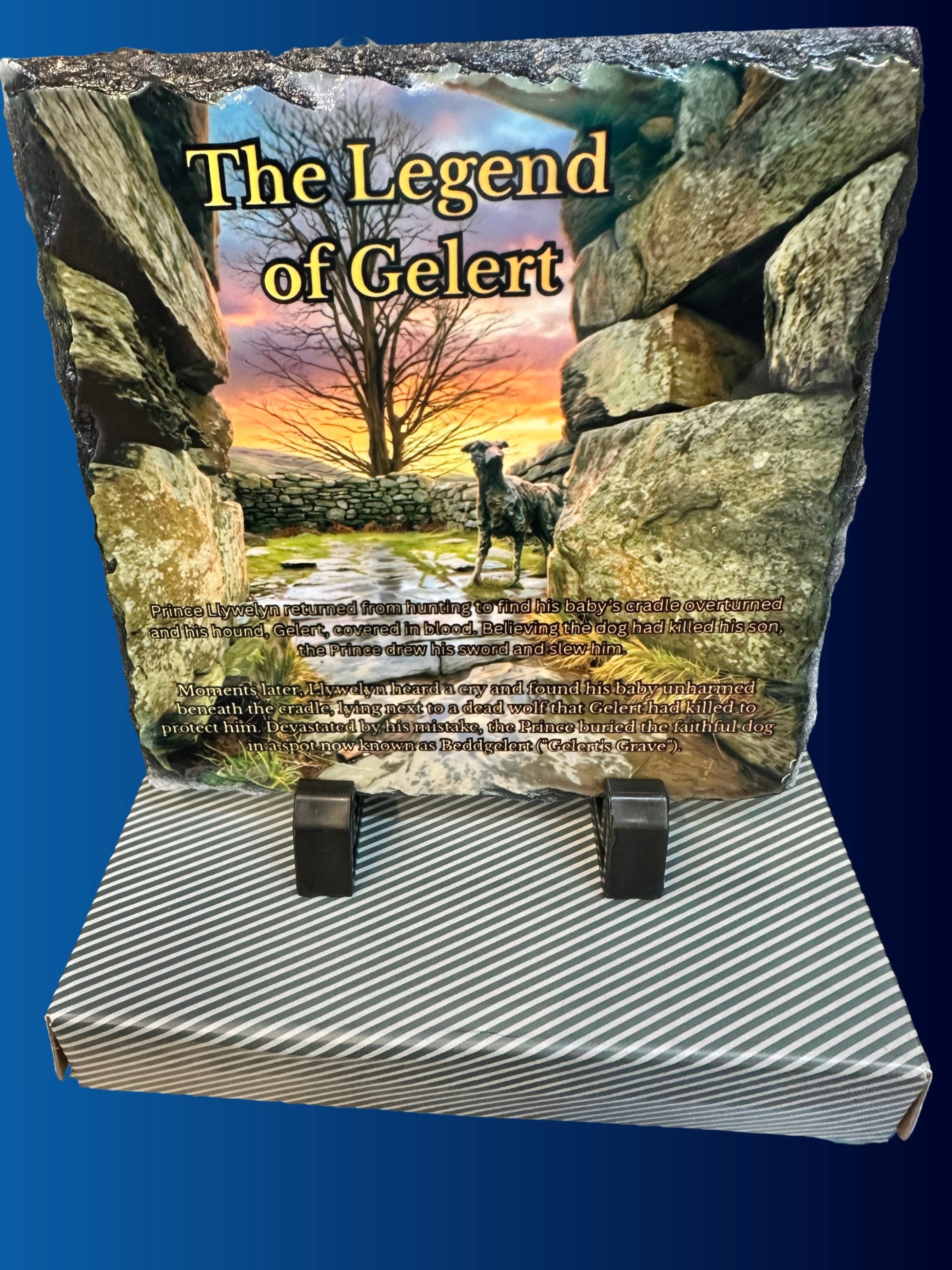 The story of Gelert. 14cm x 14cm slate with stands.