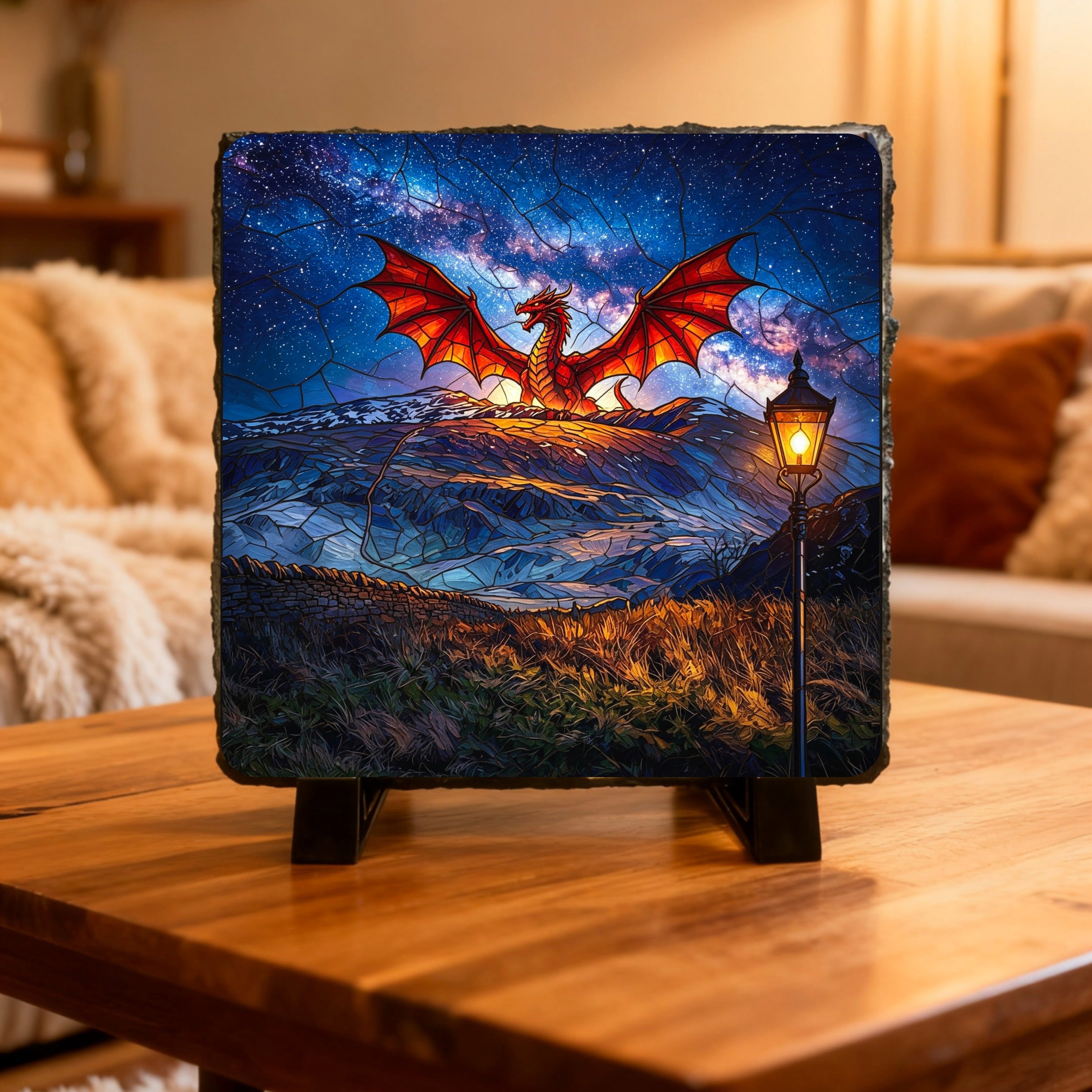Draig/Dragon Slate images, 15cm x 15cm with stands.