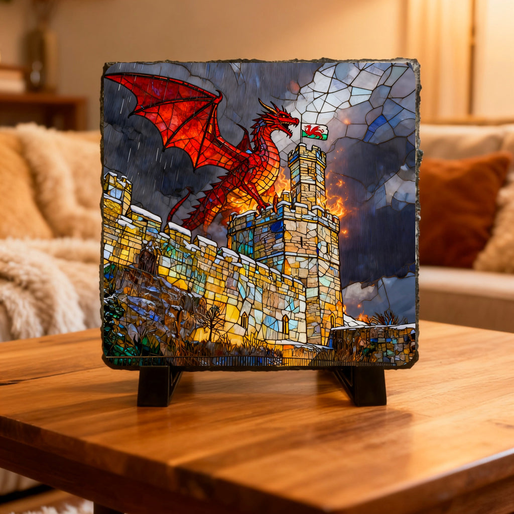 Draig/Dragon Slate images, 15cm x 15cm with stands.