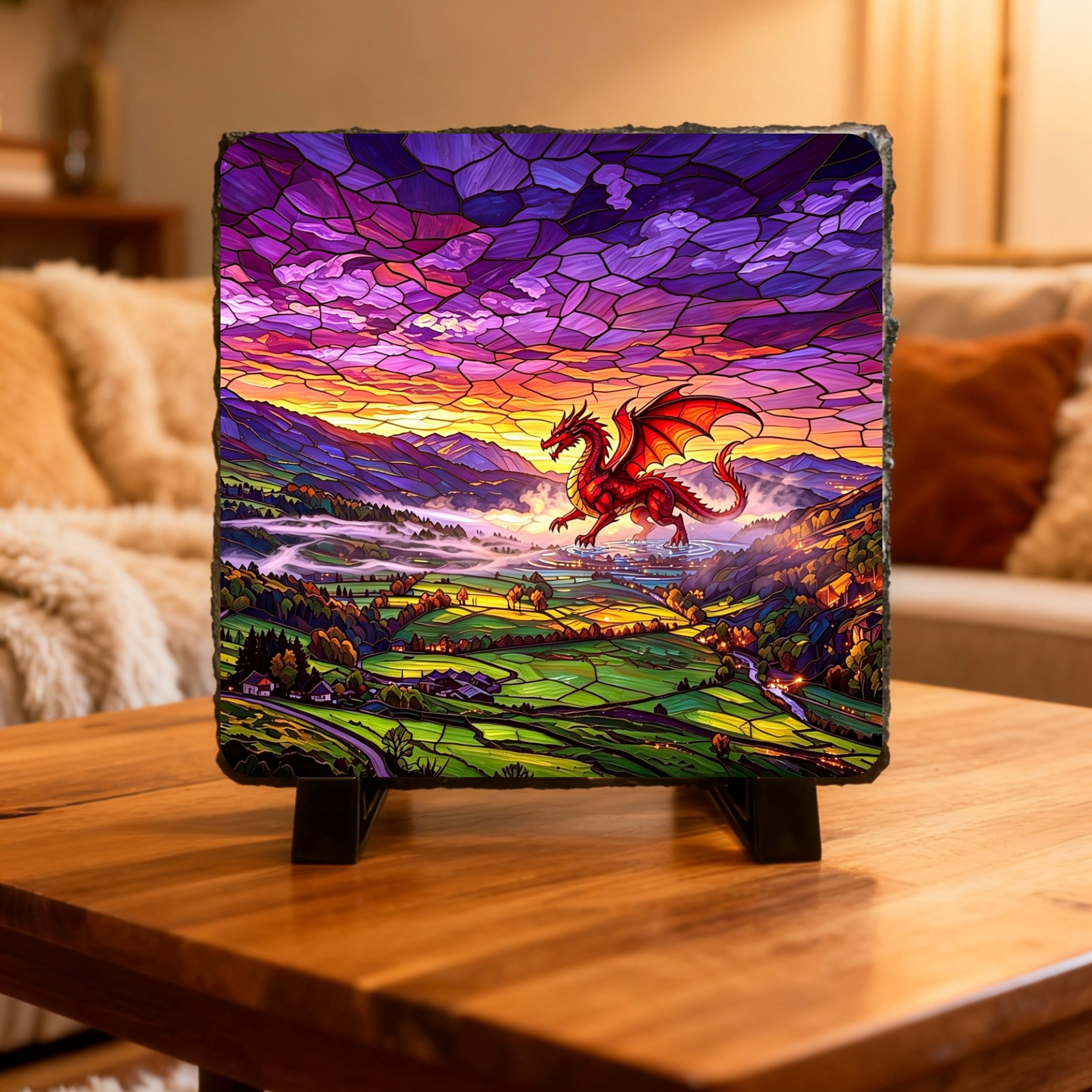 Draig/Dragon Slate images, 15cm x 15cm with stands.