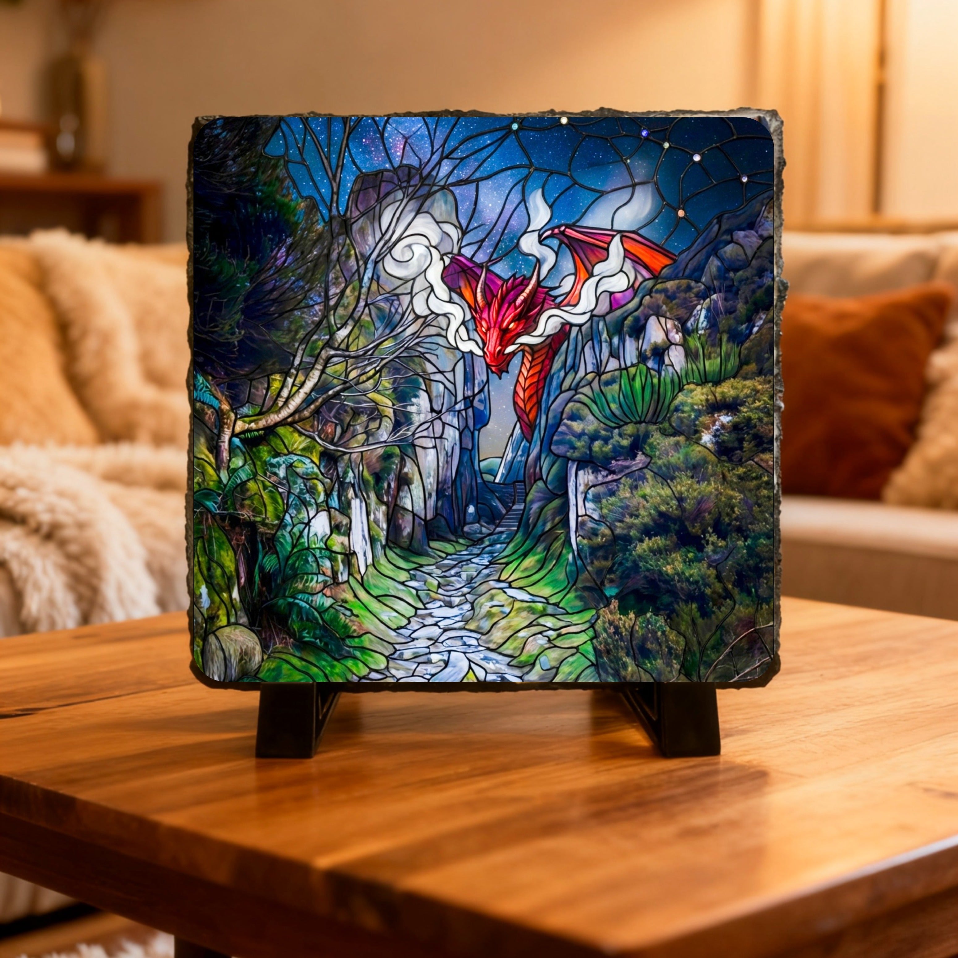 Draig/Dragon Slate images, 15cm x 15cm with stands.