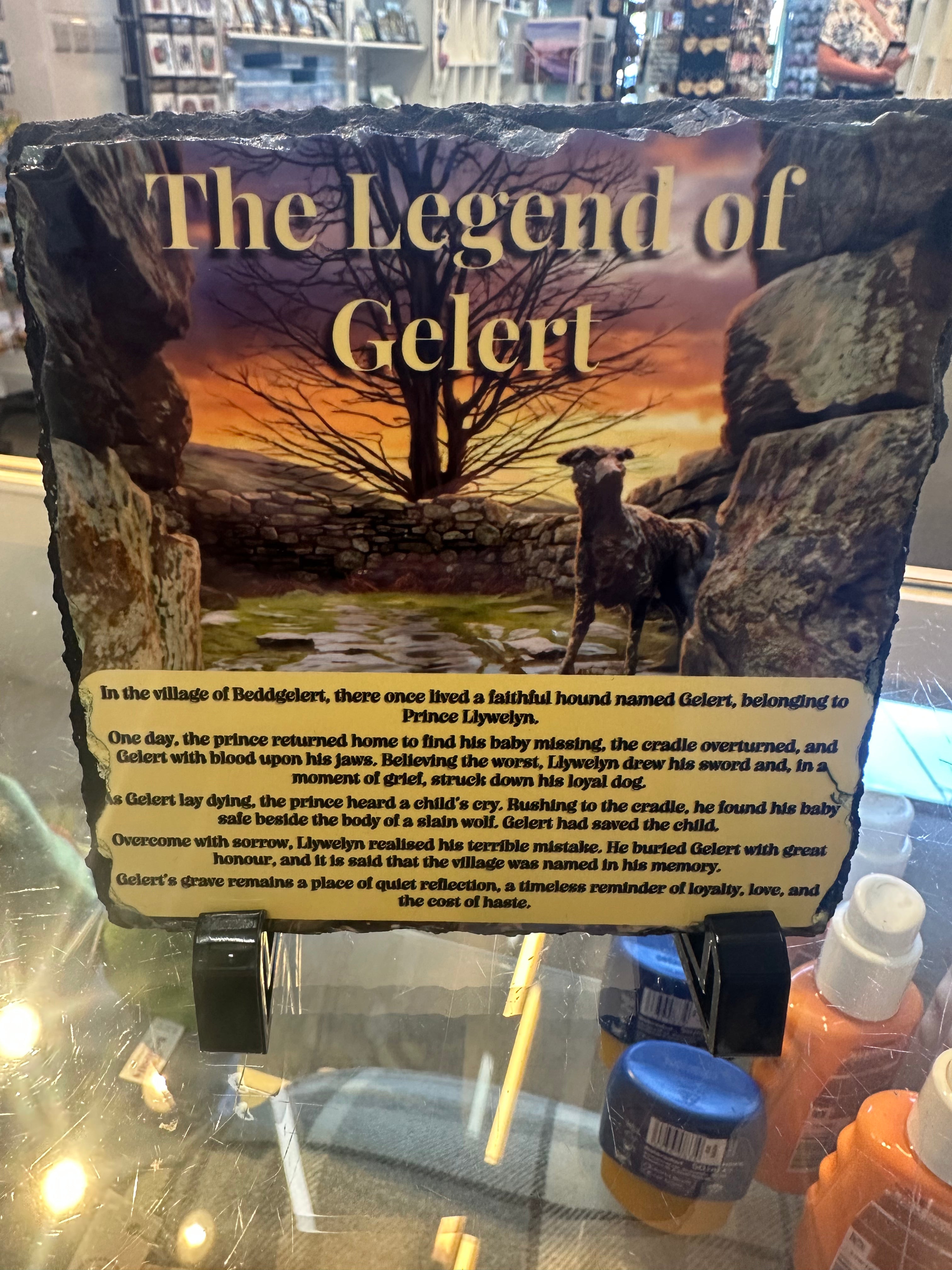 The legend of Gelert story on 15cm x 15cm slate with stands and boxed