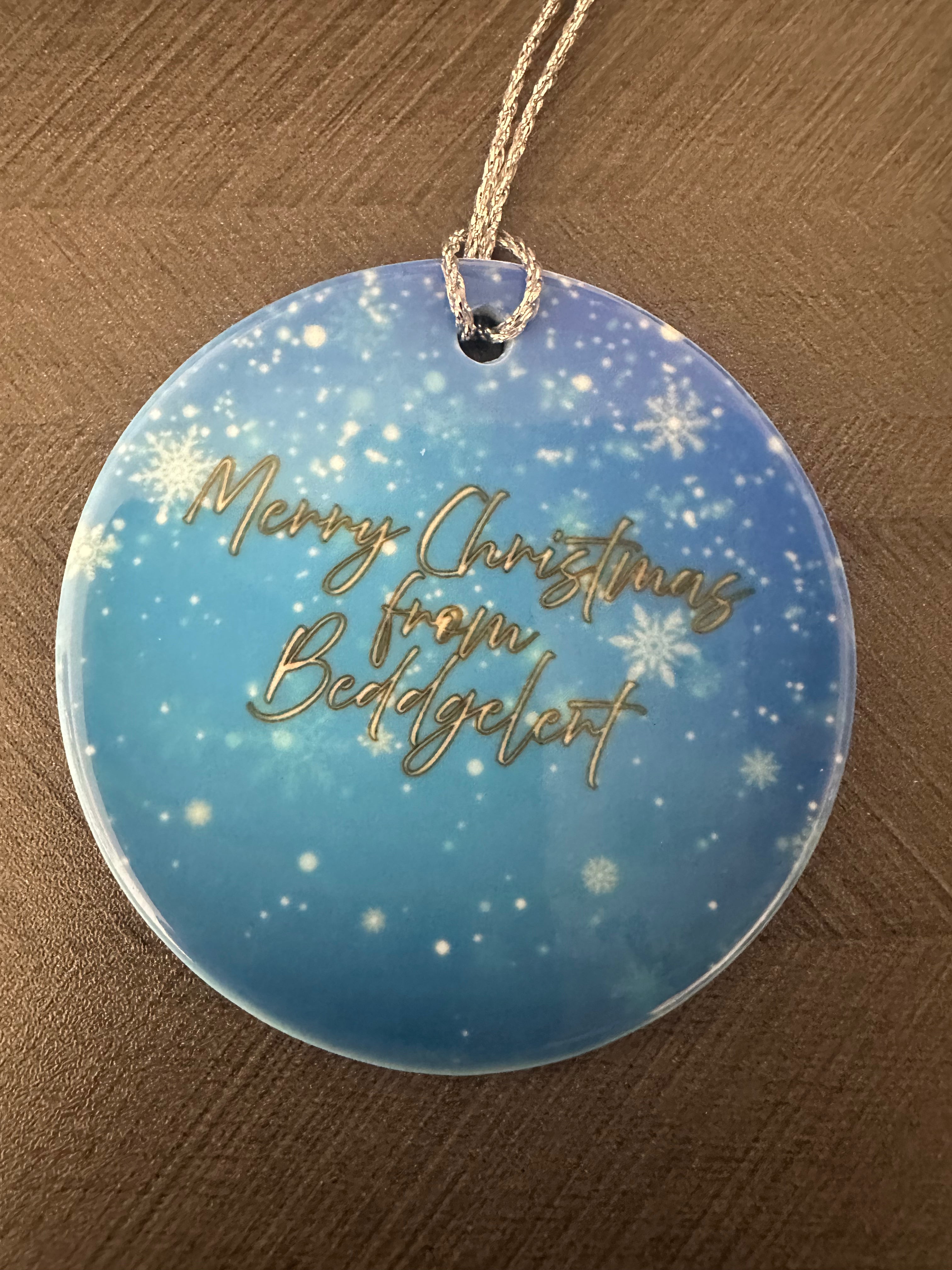 Beddgelert Christmas double sided hanging ornament. Ceramic.