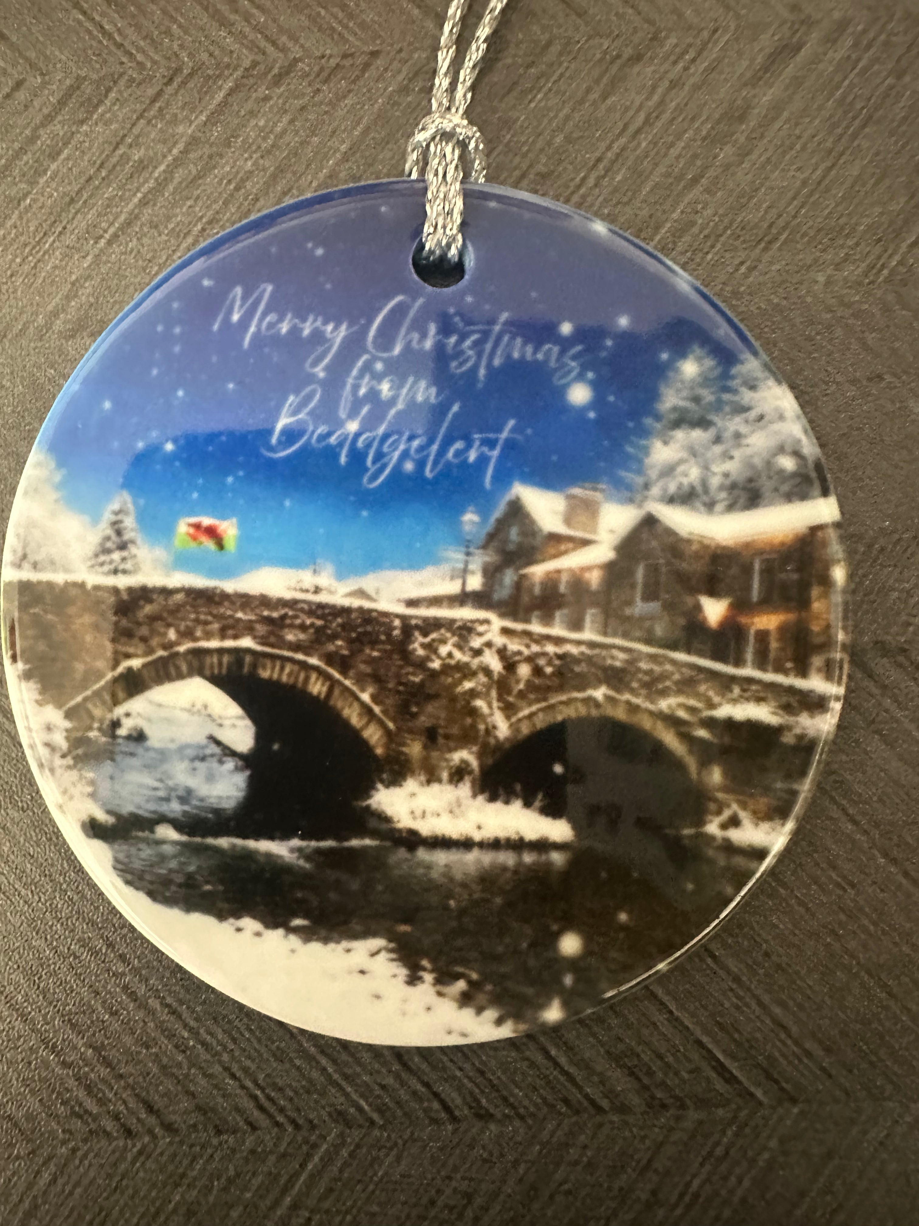 Beddgelert Christmas double sided hanging ornament. Ceramic.