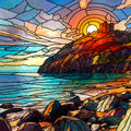 Castell Cricieth/Criccieth Castle 150mm x 150mm colourful stained glass design greetings card.