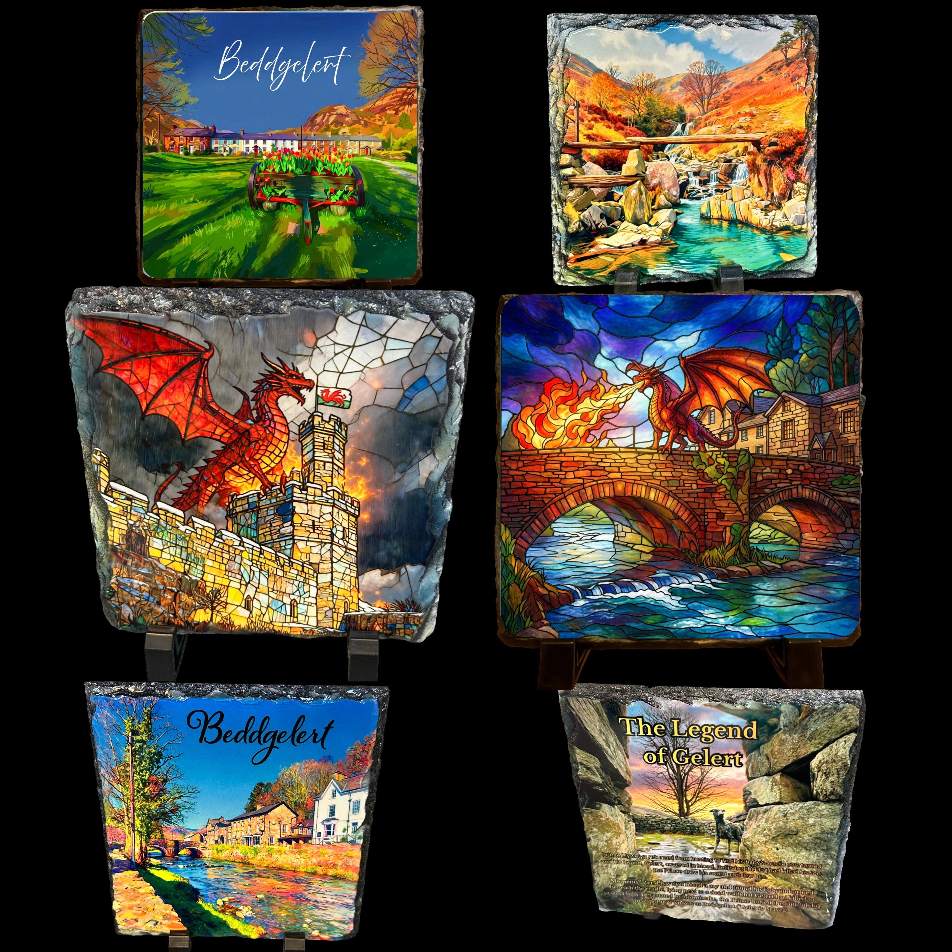 Slate Images, comes with stands and boxed. 15cm x 15cm.