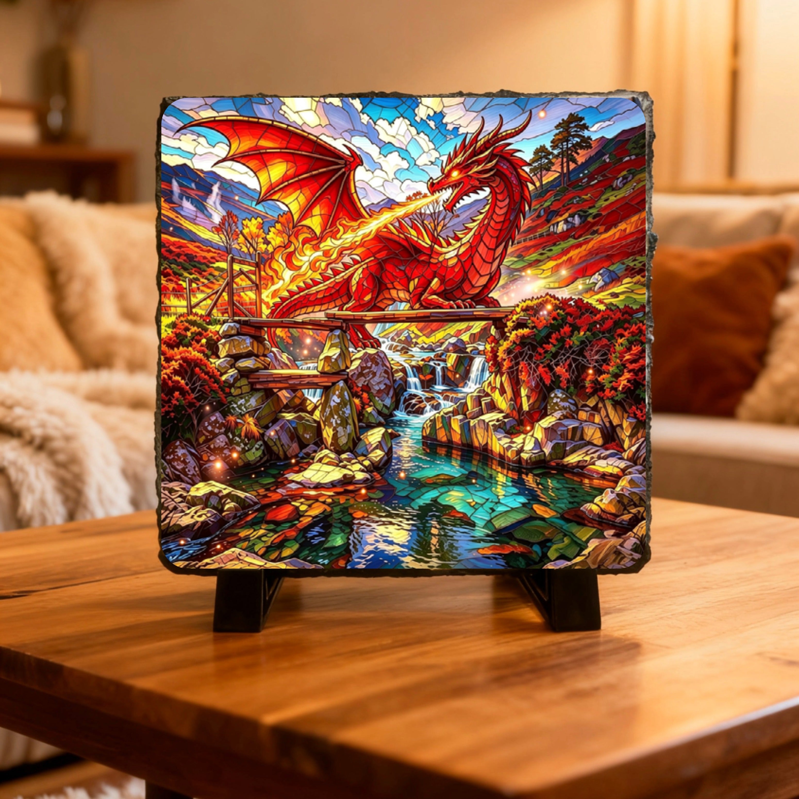 Draig/Dragon Slate images, 15cm x 15cm with stands.